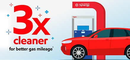 A red car at a fuel pump featuring Synergy Supreme+™ premium gas that helps keep your engine 3X cleaner for better mileage‡