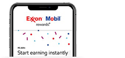 Top of phone screen showing Exxon Mobil Rewards+ instant fuel rewards