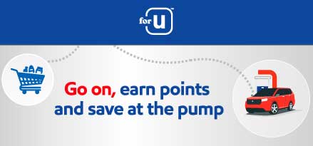 forU program, showing a dotted line drawn from a blue grocery cart to a red SUV at the gas pump. Go on, earn points and save at the pump.