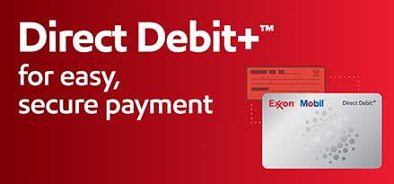 Direct Debit+ exxon gas card for easy, secure payment on red background