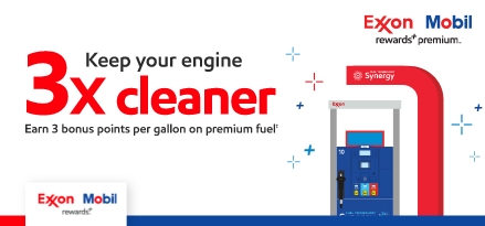 Keep your engine 3x cleaner. Earn 3 bonus points per gallon on premium fuel‡. ExxonMobil Synergy gas pump.