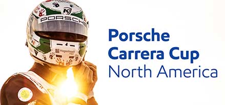 Porsche Carrera Cup North America racecar driver in white and green helmet