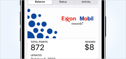 Middle of phone with Exxon Mobil Rewards+ gas app displayed with gas rewards points visible