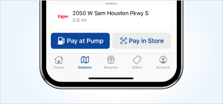 Bottom of phone With Exxon Mobil Rewards+ gas app pay at pump or pay in store options visible