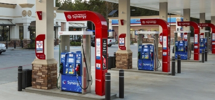 Exxon or Mobil gas station pumps during the day